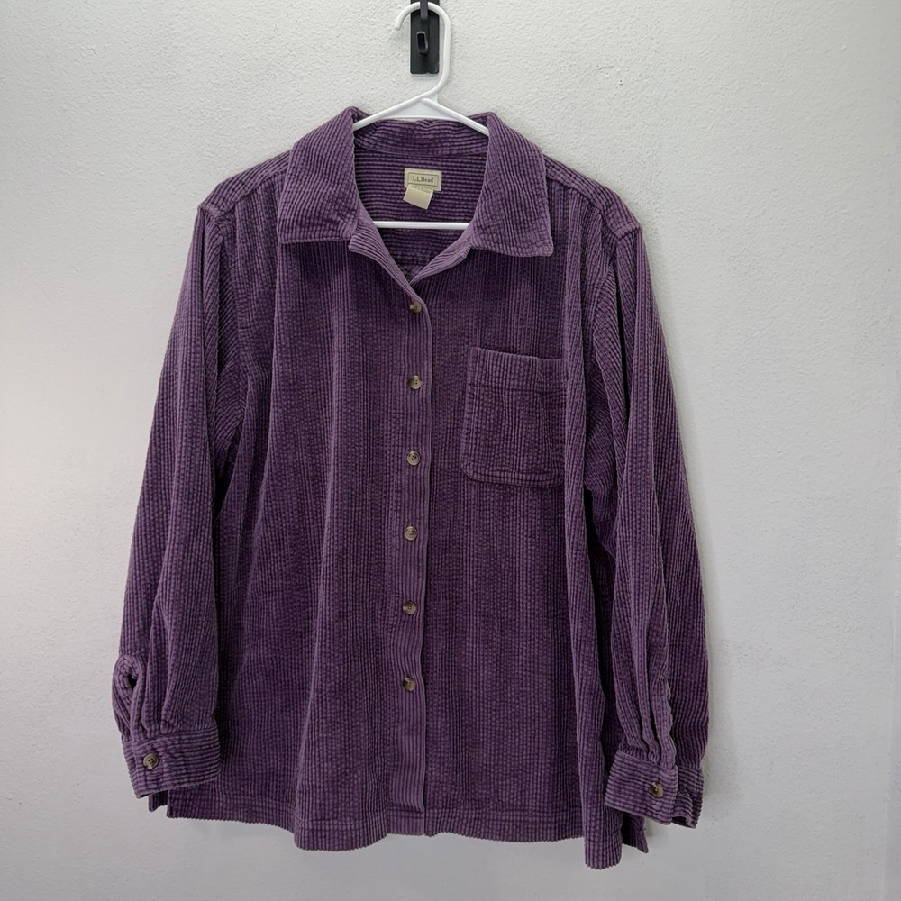 LL Bean Purple comfort corduroy relaxed fit button up shirt SZ L Granola Girl